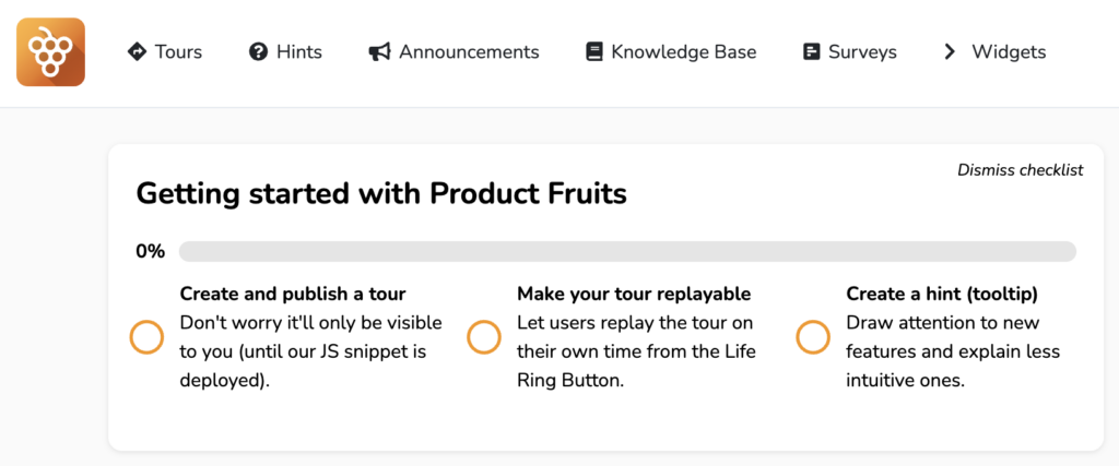 Screenshot of the Product Fruits platform. We include a checklist of steps until a tour is complete