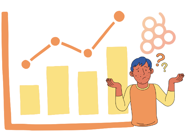  Comic image of a orange and yellow graph, with a confused man and a grape behind