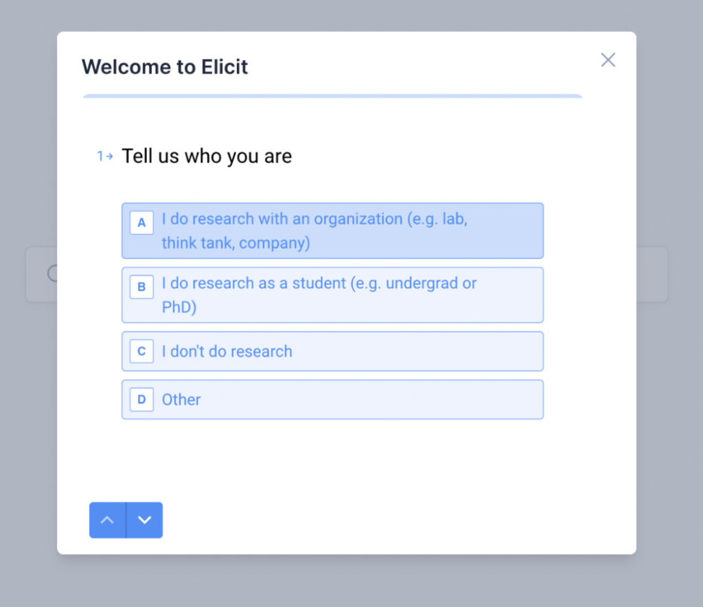 Screenshot of Elicit welcome survey