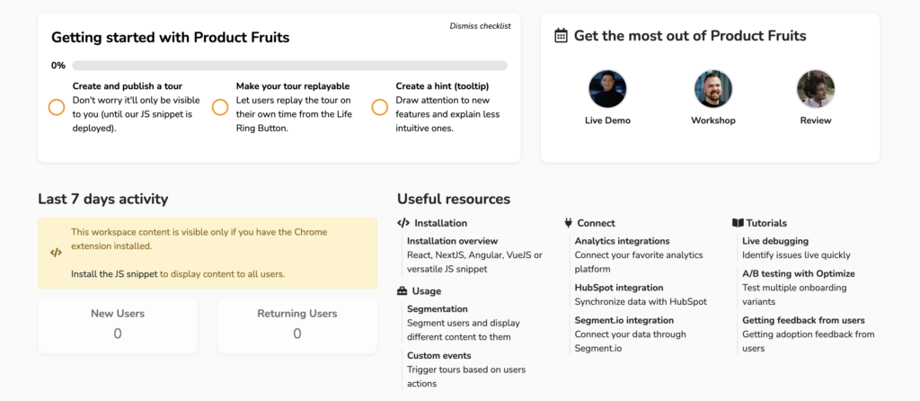 A screenshot of the product fruits platform and how they use checklists to onboard their users