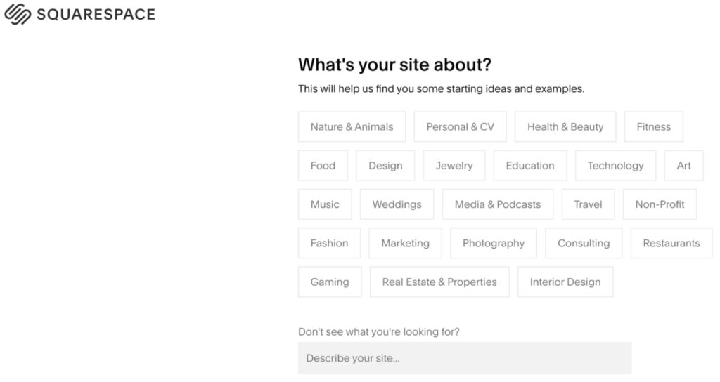 Screenshot of Squarespace onboarding survey asking suer what their website project is about