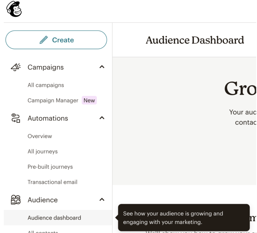 Screenshot of Mailchimp dashboard to show how tooltips are used with text