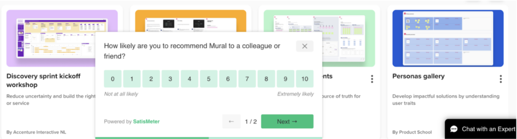 Screenshot of Mural platform asking users what they think of the product