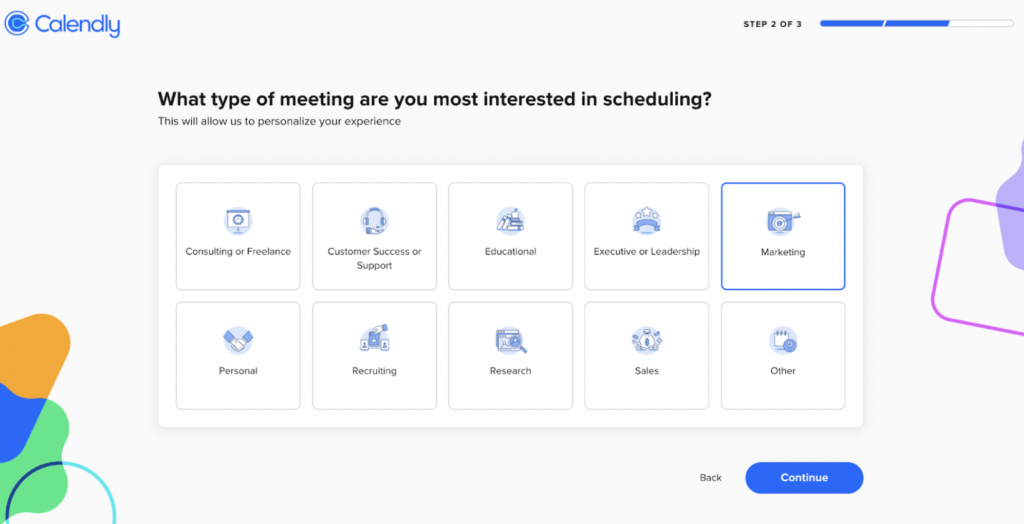 Screenshot Calendly of the choice of what kind of meetings