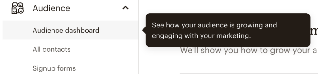Screenshot of MailChimp dashboard with a hint