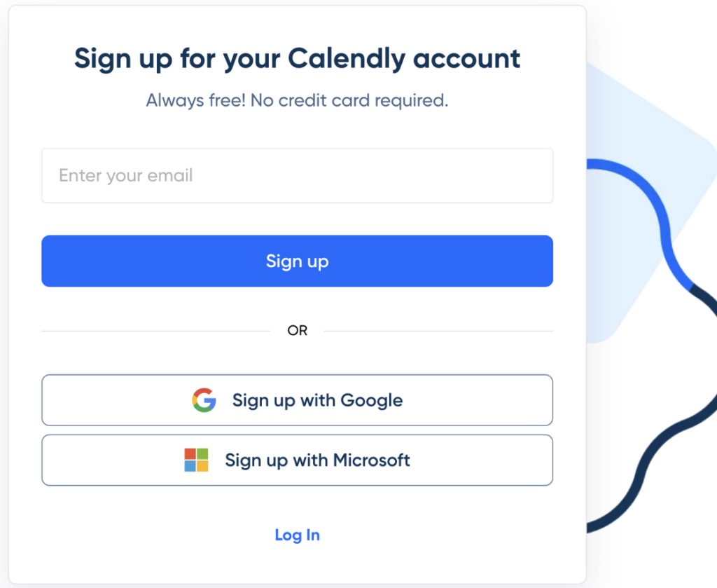 Screenshot of signup options with email for Calendly