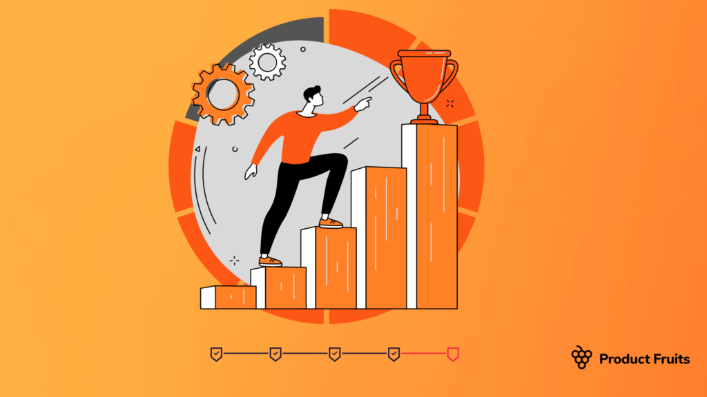 Cartoon man climbing up a block of stairs to reach a trophy, orange background. motivation and gamificaiton reference