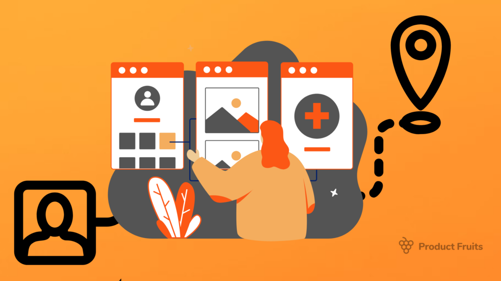 userflow illustration, orange background, step of the user journey and final goal