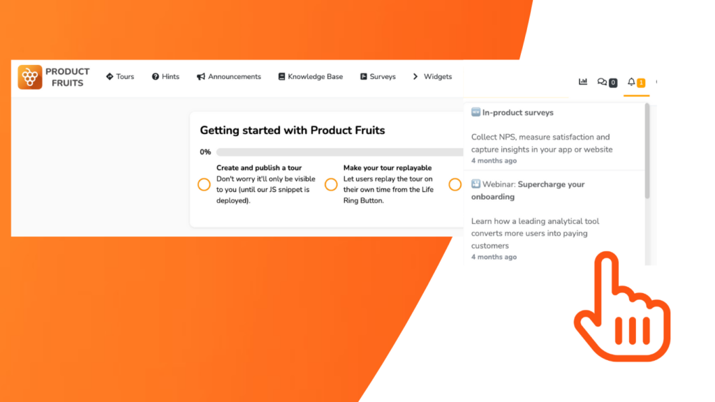 Screenshot of product fruits newsfeed announcement feature