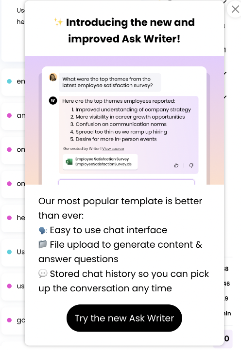 screenshot of Writer in-app annoujnvment of their new feature