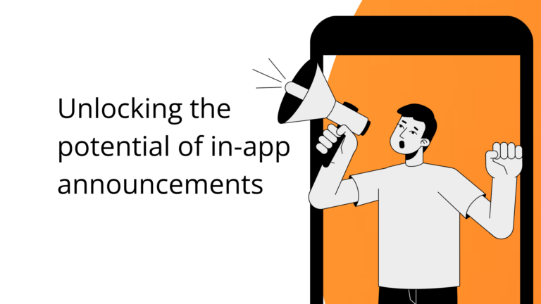 orange background, cartoon with megaphone out an app, title of in app announcements