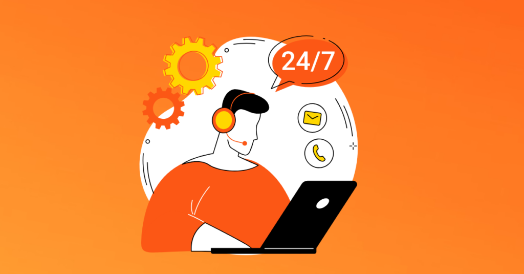 orange background cartoon man on support computer