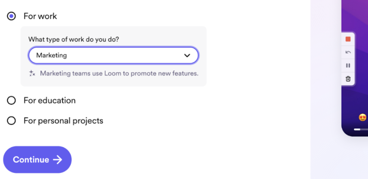 Screenshot of Loom that asks questions about their role