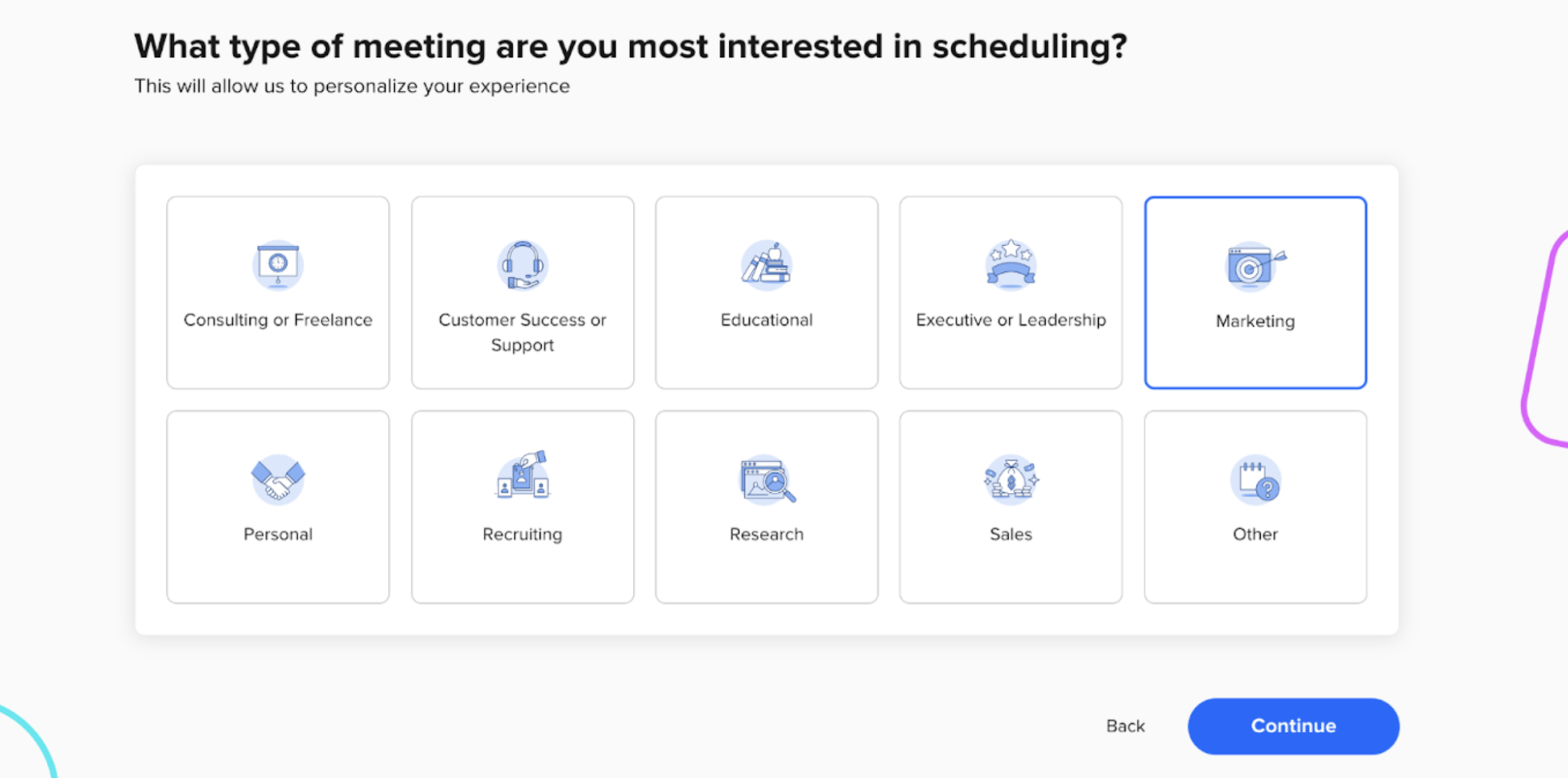 screenshot of calendly by asking user what kind of meeting theyd like