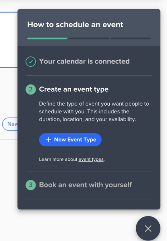 Calendly dashboard showing onboarding checklist.