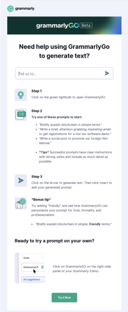 Grammarly onboarding email screenshot for example