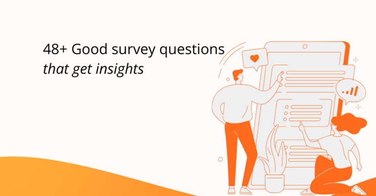 good survey questions title with two cartoon on a screen with surveys in orange and light grey